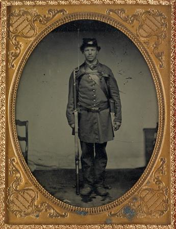 (CIVIL WAR) A half-plate full-length ambrotype of a uniformed figure posing with a bayonet * A sixth-plate tintype of a young African A